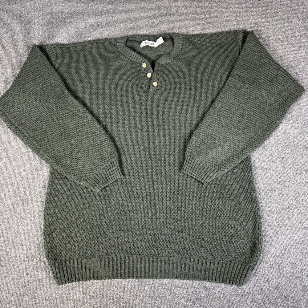 Vintage Cherokee Sweater Mens Large Green Cotton Made in USA 80s Fishermans Knit